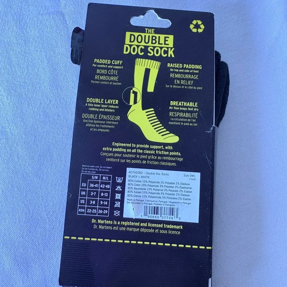 Dr. Martens Double Doc Sock Black Grey Striped‎ Crew Socks small Medium  New